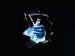vaccine-shot-covid19-jab-disease-prevention-doctor-hand-blue-glove-holding-dose-vial-glass-bottle-syringe-inside-black-breakthrough-hole-torn-wall-isolated-dark
