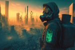 futuristic cyberpunk soldiers in protective suits and gas masks in a post apocalyptic world after a nuclear stryke