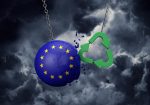 Photo green recycle symbol crashing into a european union flag ball d rendering