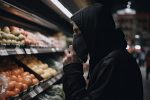 Man in a mask stealing vegetables from the refrigerator in the supermarket