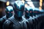 lot of robots with a metallic silver body standing against on abstract minimal background