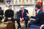 Ukrainian President Volodymyr Zelensky talks with US President Donald Trump and US Vice President JD Vance