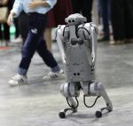 People attend the presentation of the Robodog Unitree G01,