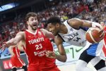 Giannis Antetokounmpo of Greece and Alperen Sengun (L) of Turkey