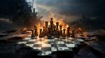 Assortment of chess pieces with dramatic scenery