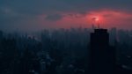 View of urban dark city with fog