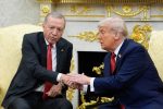 US President Donald Trump shakes hands with Turkish President Recep Tayyip Erdogan