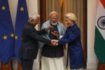 President of the European Commission Ursula von der Leyen and President of the European Council Antonio Luis Santos da Costa shake hands with Indian Prime Minister Narendra Modi