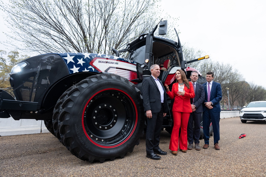 States Secretary of Agriculture Brooke Rollins speaks with farming