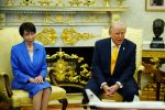 US President Donald J Trump (R) speaks to the media as he meets with Japanese Prime Minster Takeuchi Sanae