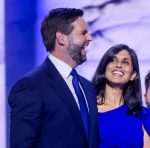 Republican vice presidential nominee and Ohio Senator JD Vance (L) with his wife Usha Vance