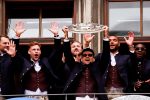 Forward Luis Diaz of Bayern Munich lifts the Bundesliga trophy