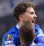 Konstantinos Karetsas (C) of Genk celebrates with his teammate